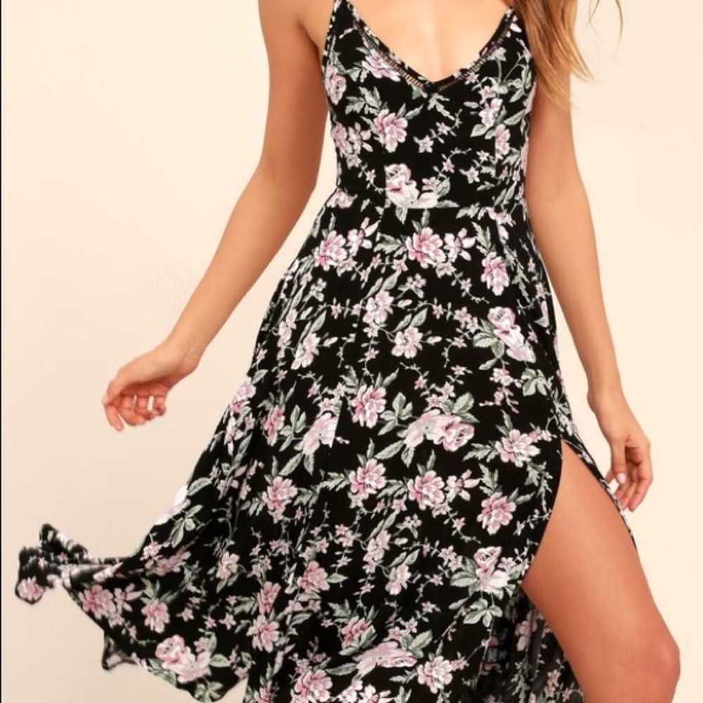 Lulus black floral midi dress with side slit